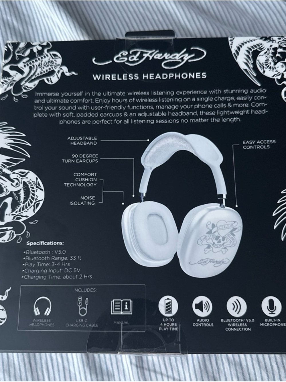 Ed Hardy White Wireless Bluetooth Headphones with Tattoo Skull Graphic - Picture 2 of 2